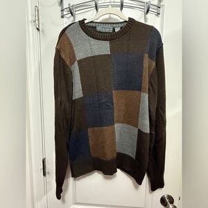 Oscar De La Renta Mens M Sweater Retro Knit Checkered Front Patchwork preppy 70s